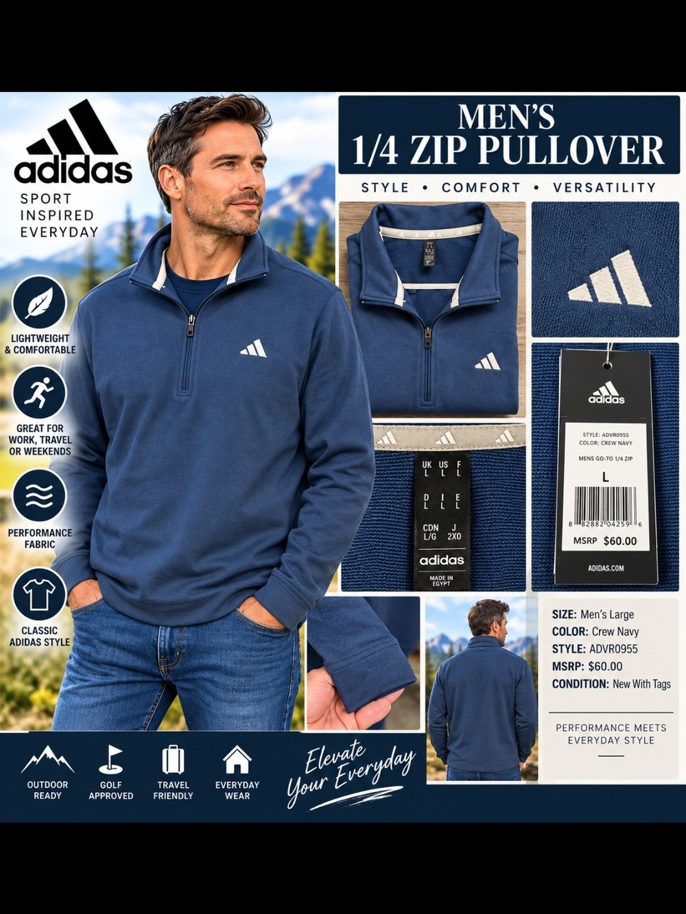 adidas Men’s Crew Navy 1/4 Zip Pullover Sweater - Navy